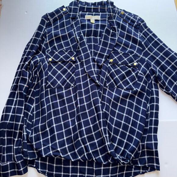 Michael Michael Kors Plaid Blouse Women’s L Navy White Gold Button Top Work - Picture 6 of 14